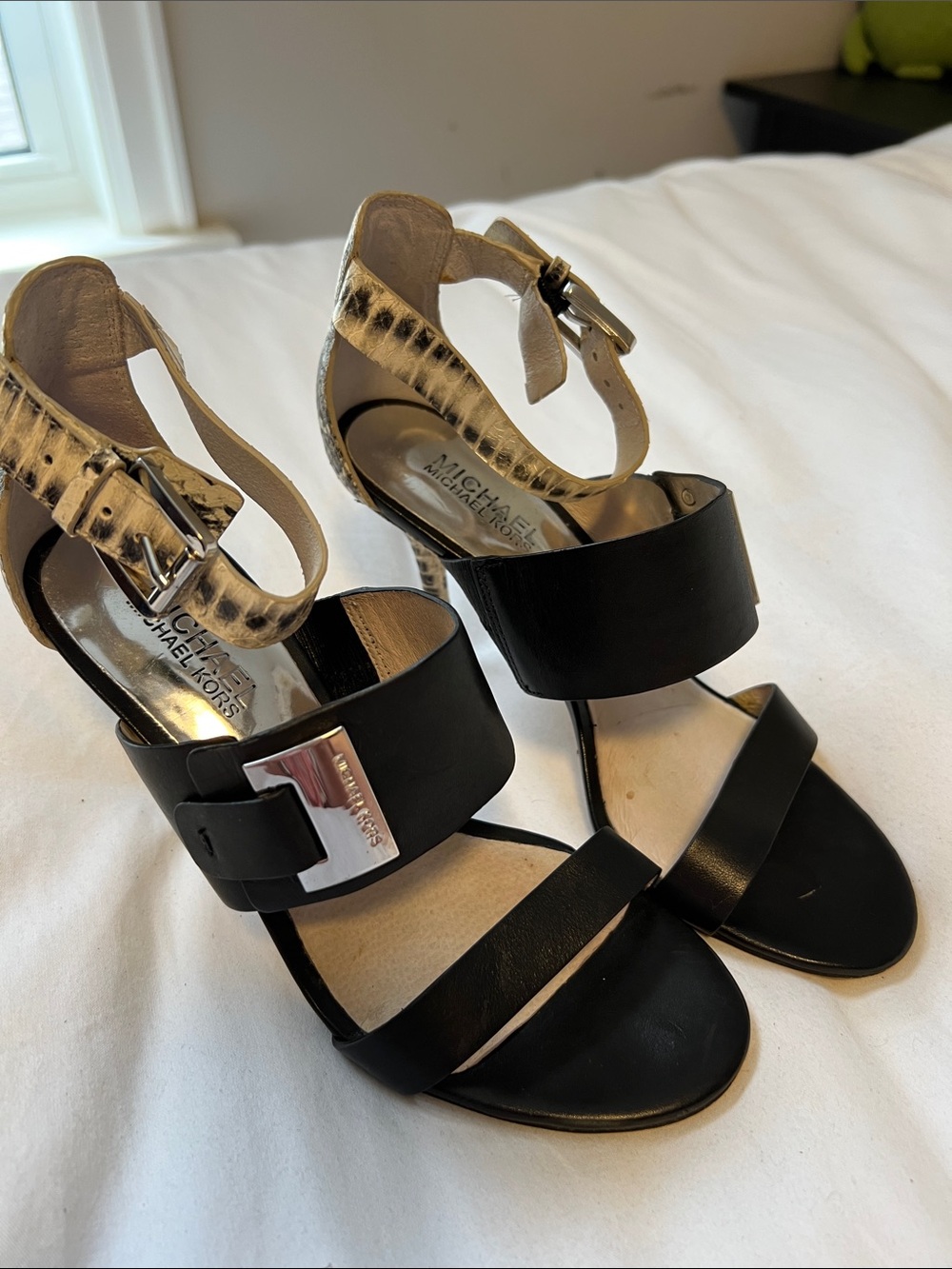 Michael Kors Black Leather & Gold Accent Ankle-Strap Heels